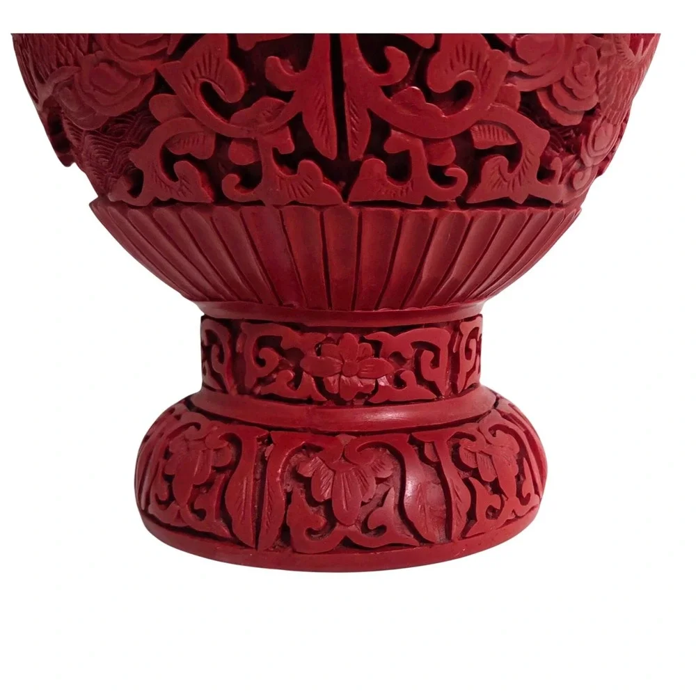 Vintage Chinese Cinnabar Red Carved Resin Vase Dragon Phoenix Oriental Decor